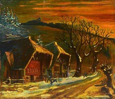 Zwei H�user an einem Weg (r�tlich)